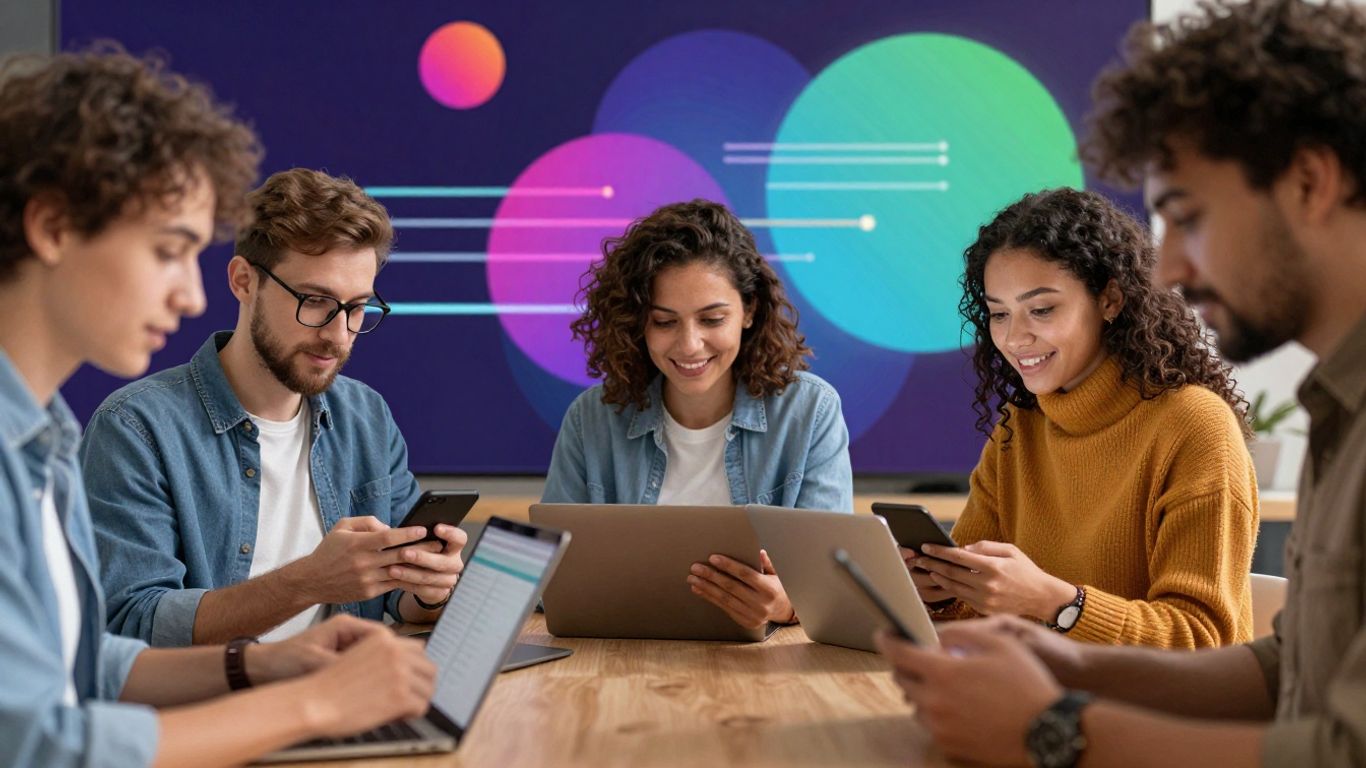 Diverse people using devices, abstract data visualization background.