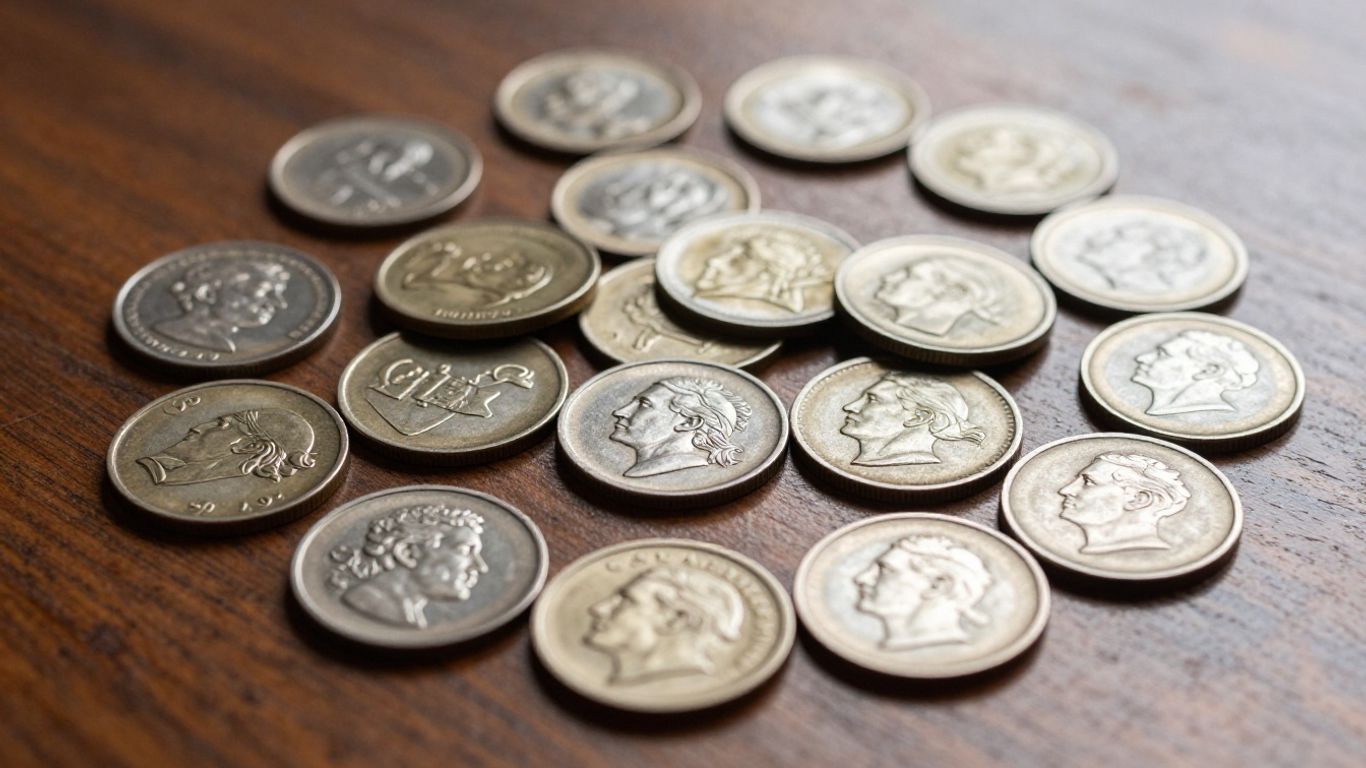 Collection of valuable antique coins on a wooden surface.