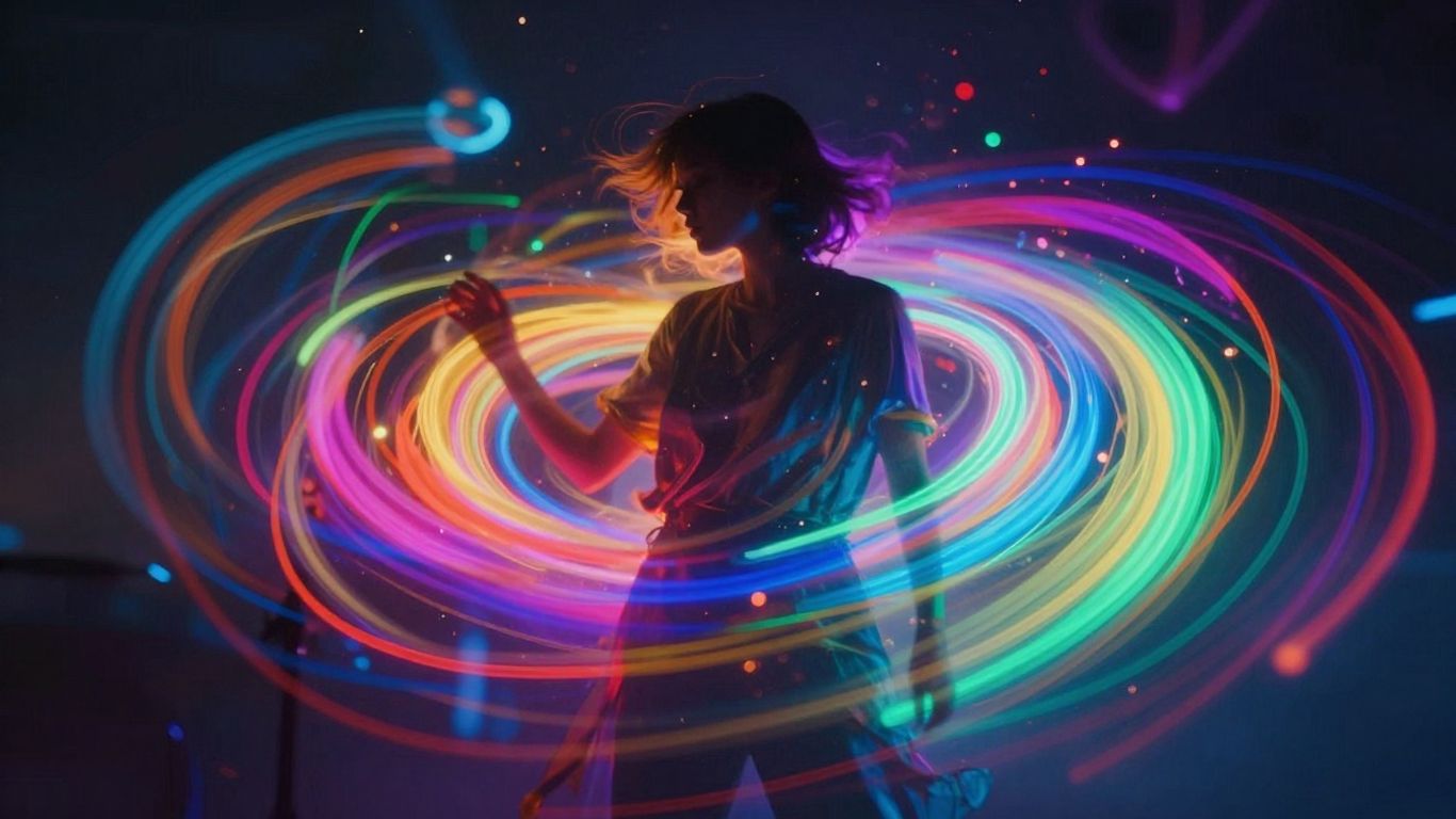 AI music video visuals with colorful light trails.