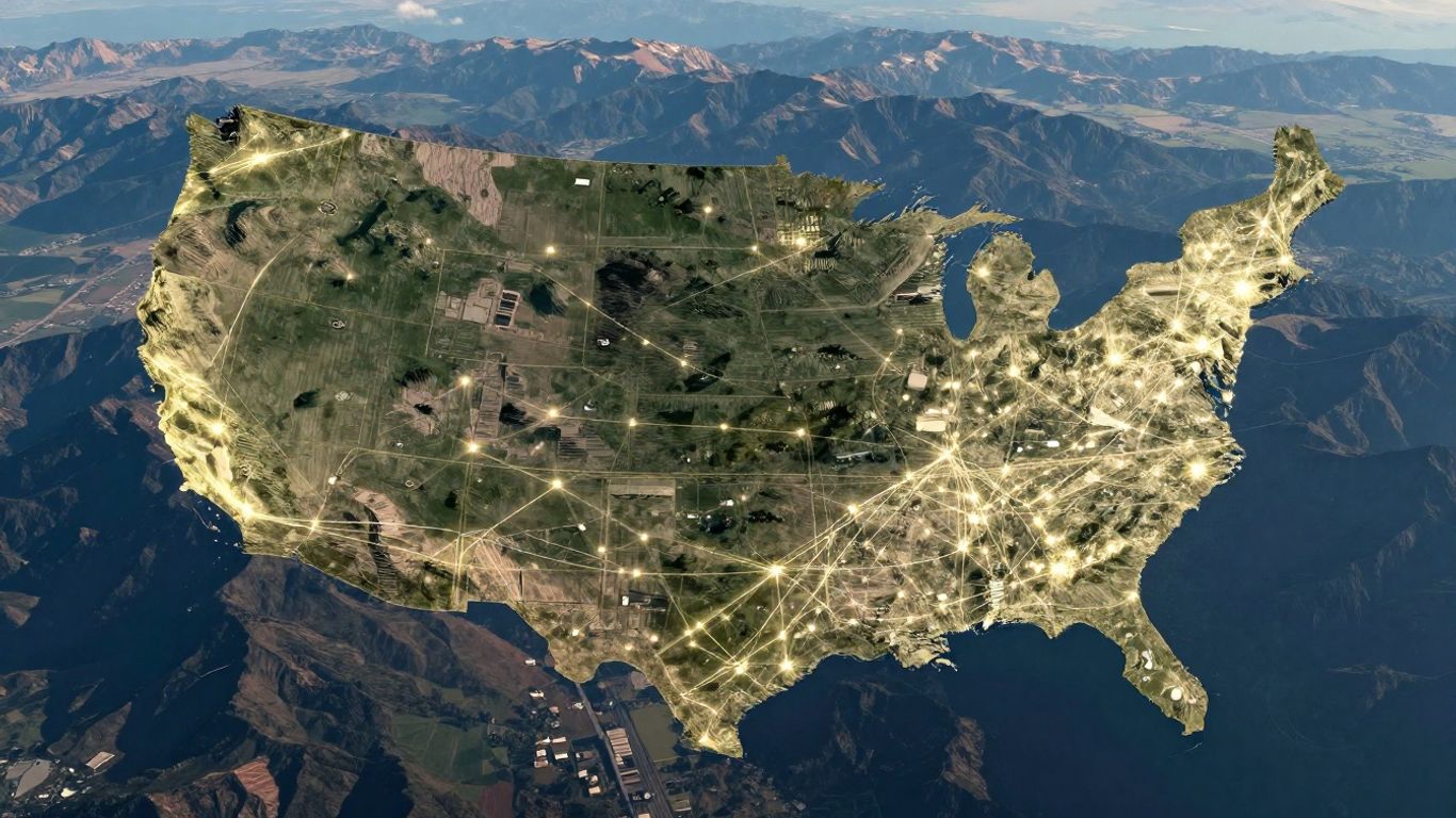 Map of the US with highlighted service areas and travel routes.