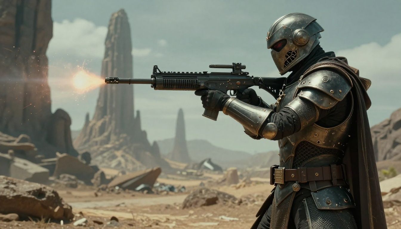 Um Guardião em armadura reluzente segurando um poderoso rifle futurista enquanto encara um horizonte alienígena épico