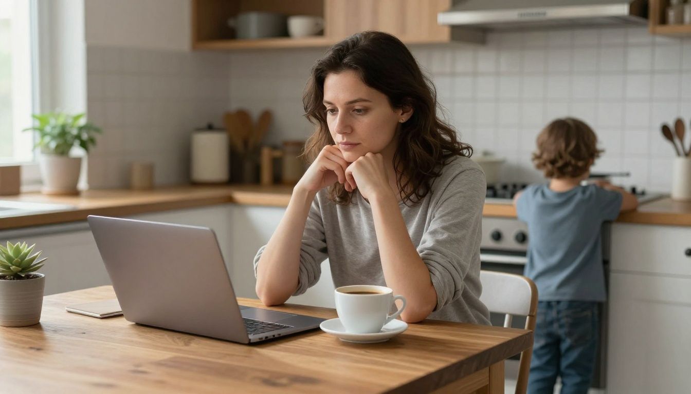 A mother sits at her kitchen table with a laptop and a cup of coffee, looking thoughtfully out the window as her young child plays on the floor nearby.