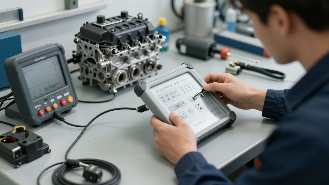 Technician checking Volkswagen engine identification details