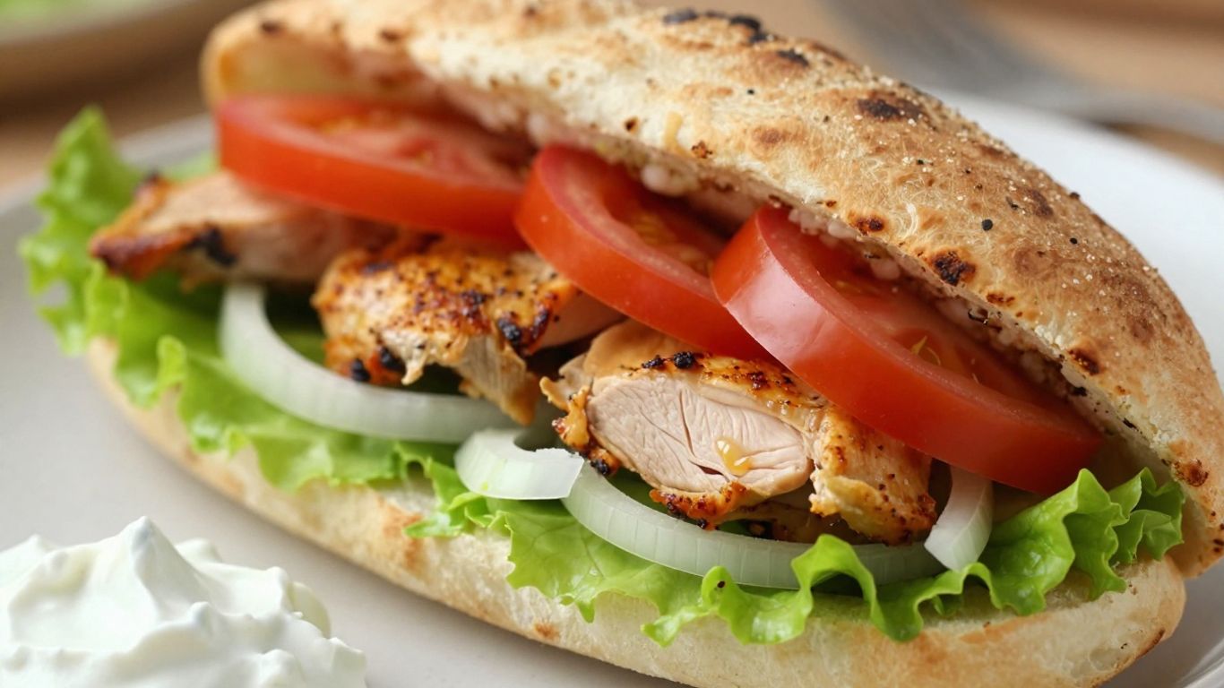 Greek chicken gyro with tzatziki sauce and vegetables.