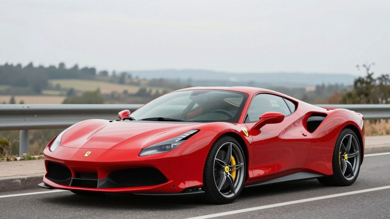 Red Ferrari 812 Superfast parked on a road.
