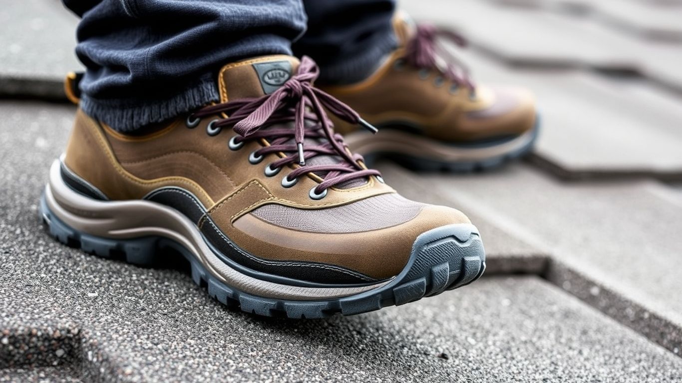 Specialized roofing shoes with grippy soles for safety.