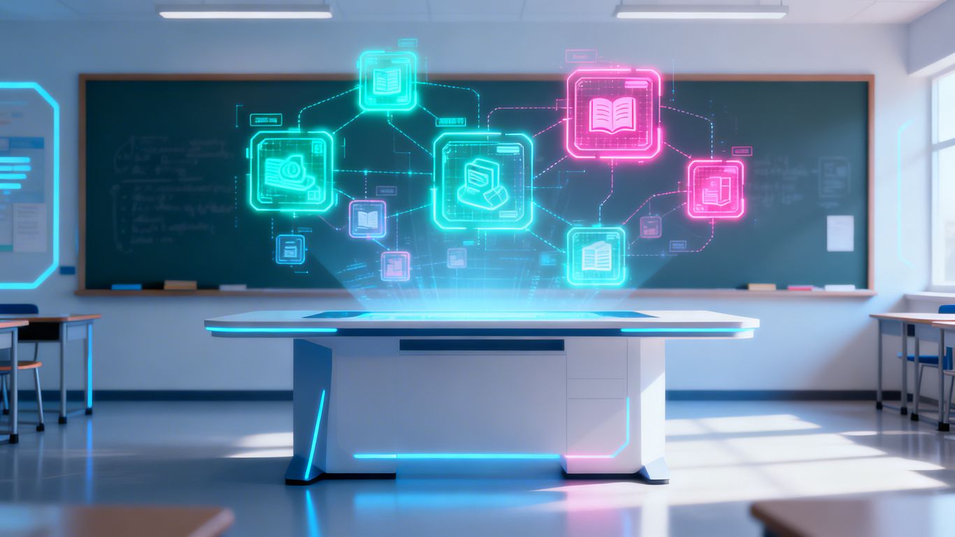 AI designing a curriculum with holographic learning modules.