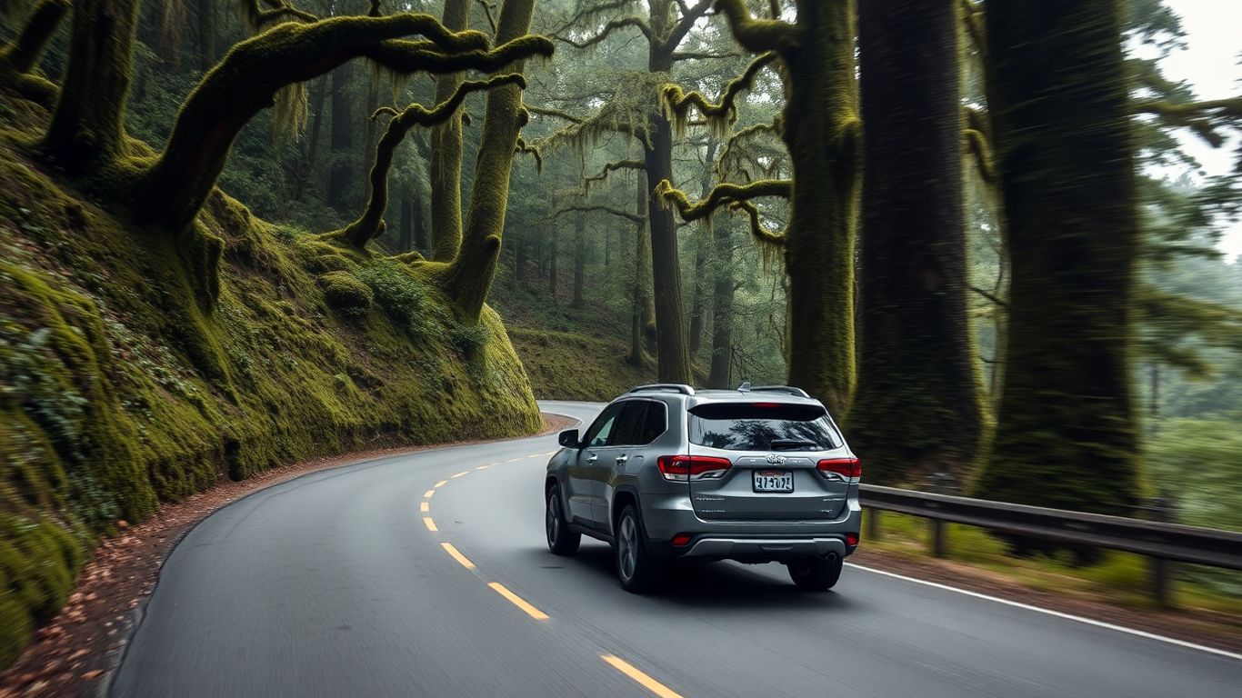 An SUV driving through a forest landscape