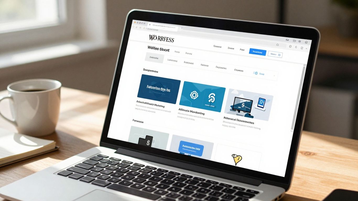 WordPress affiliate marketing plugins on a laptop screen.