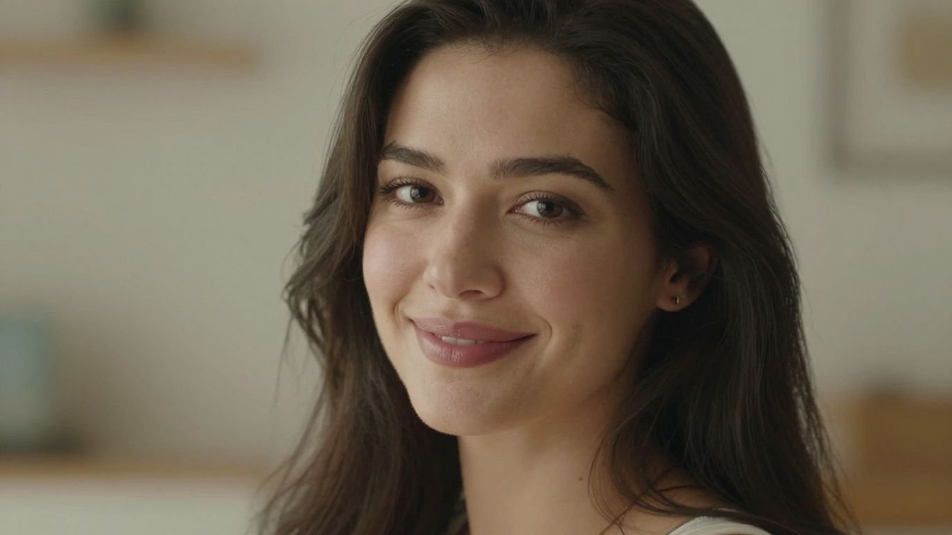 Attractive woman smiling, AI companion and real-life connection theme.