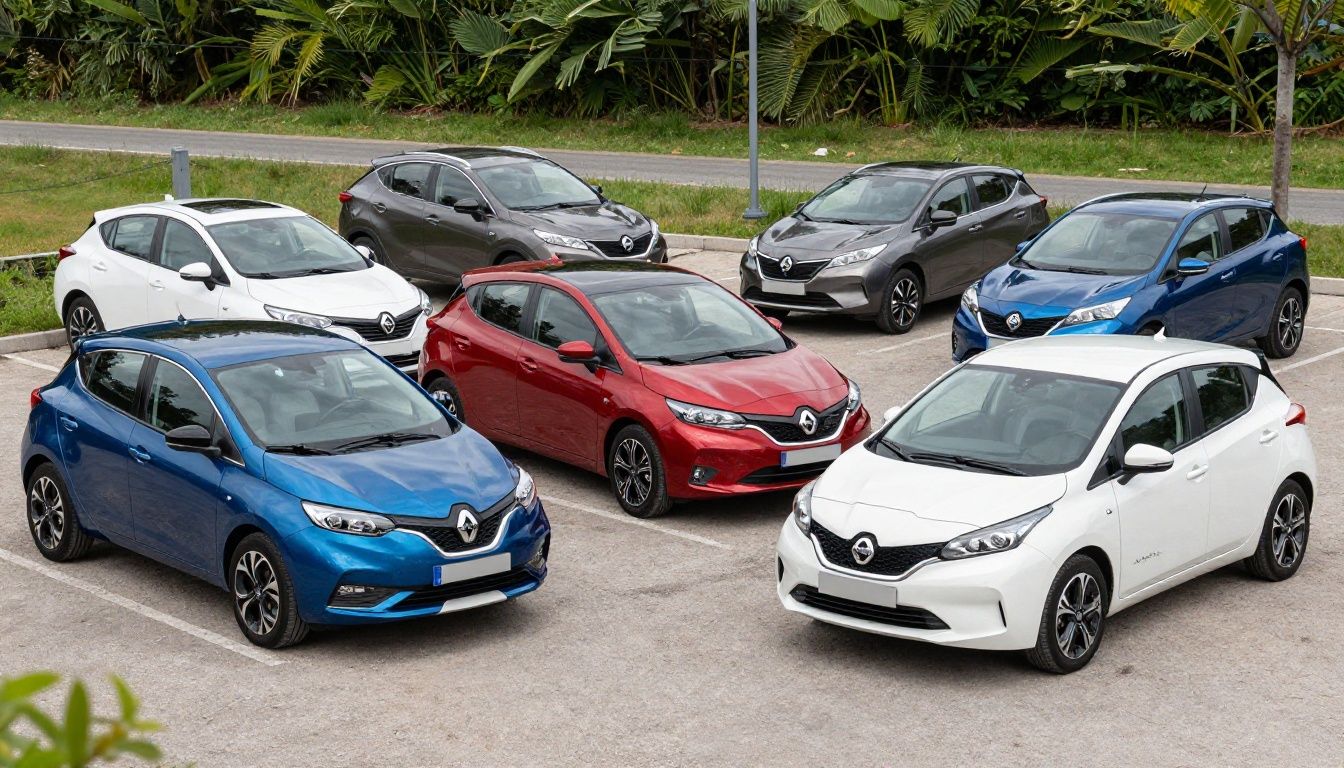 Eine Auswahl an günstigen gebrauchten Elektroautos, darunter ein Renault Zoe und ein Nissan Leaf, die auf einem Parkplatz stehen.