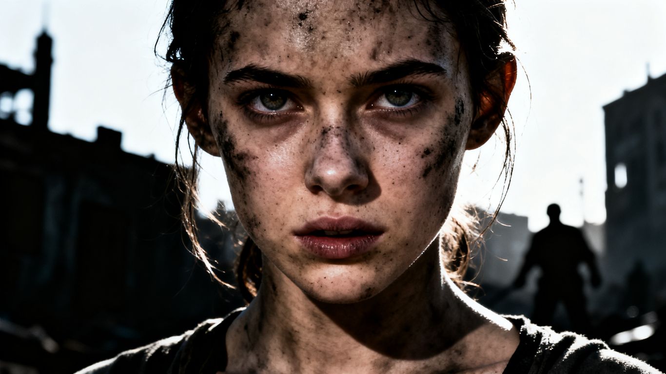 Young woman's intense face, urban conflict background.