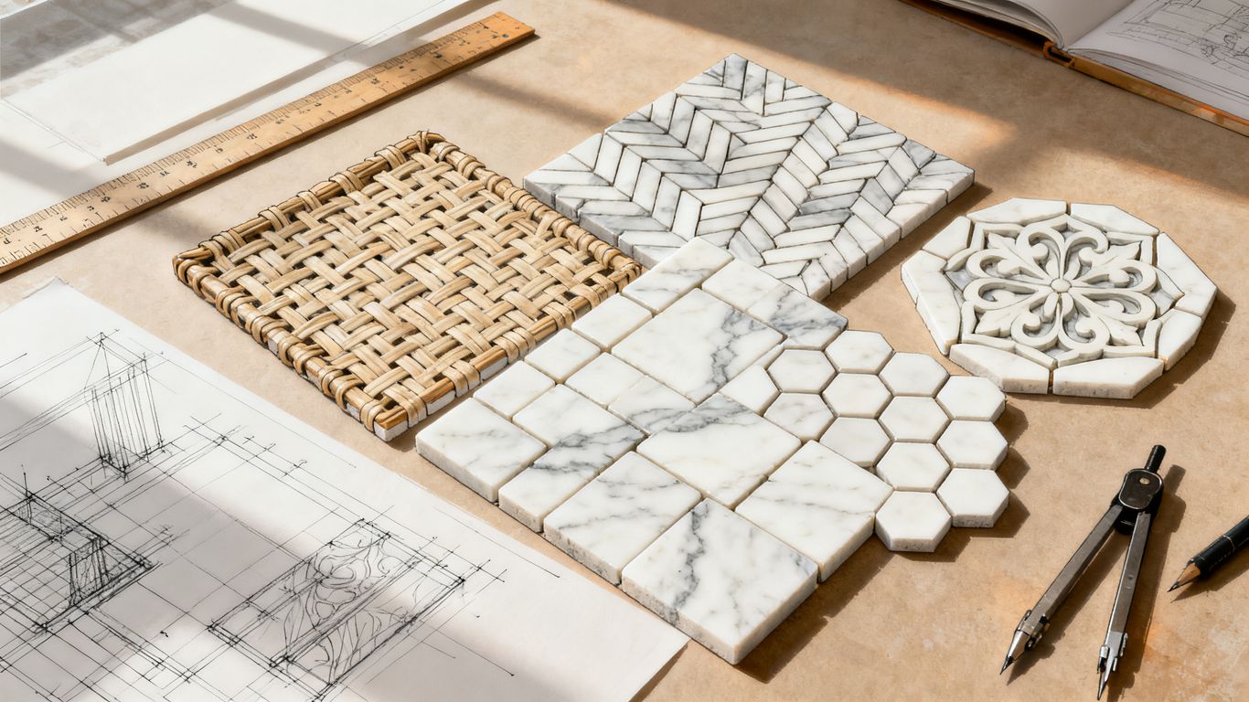 White marble mosaic patterns in a bright interior