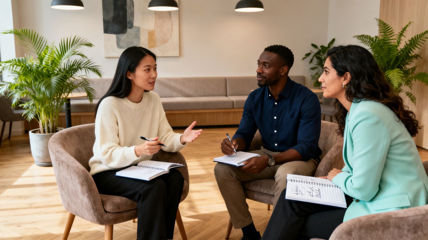 Staff conducting a supportive review session in a hostel