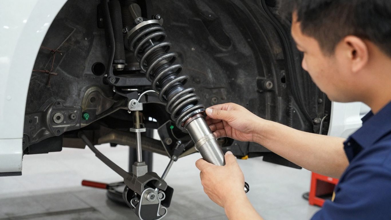 Technician inspecting suspension parts under Audi