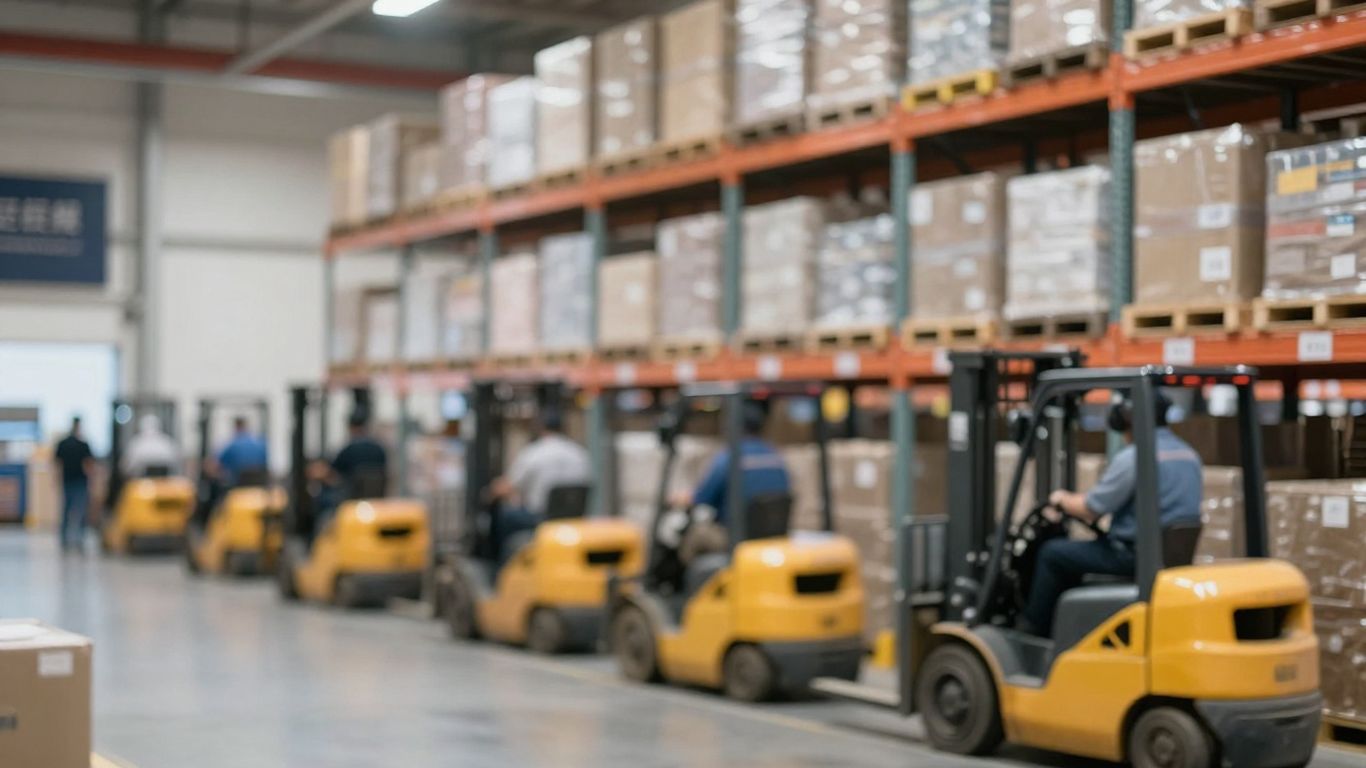 Blurred warehouse operations with teams and forklifts.