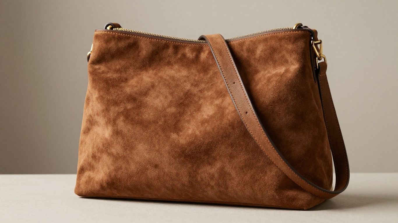 Elegant suede shoulder bag on a neutral background.
