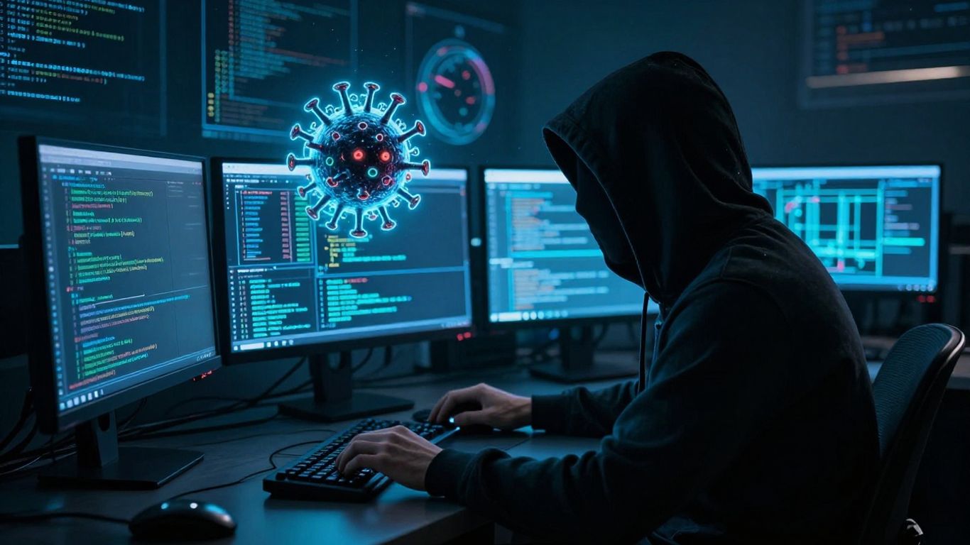 Hacker attacking healthcare systems with ransomware.