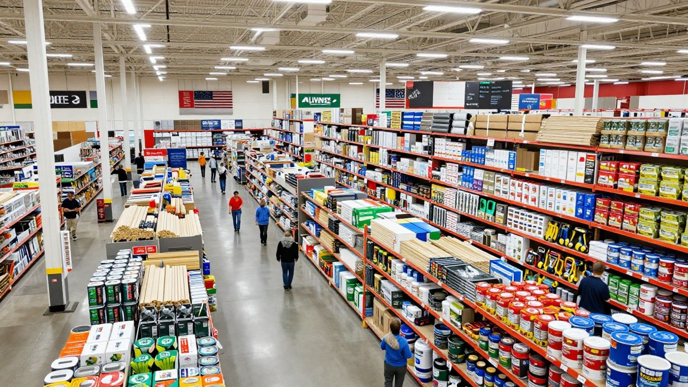 Interior of a massive home improvement store with endless aisles.