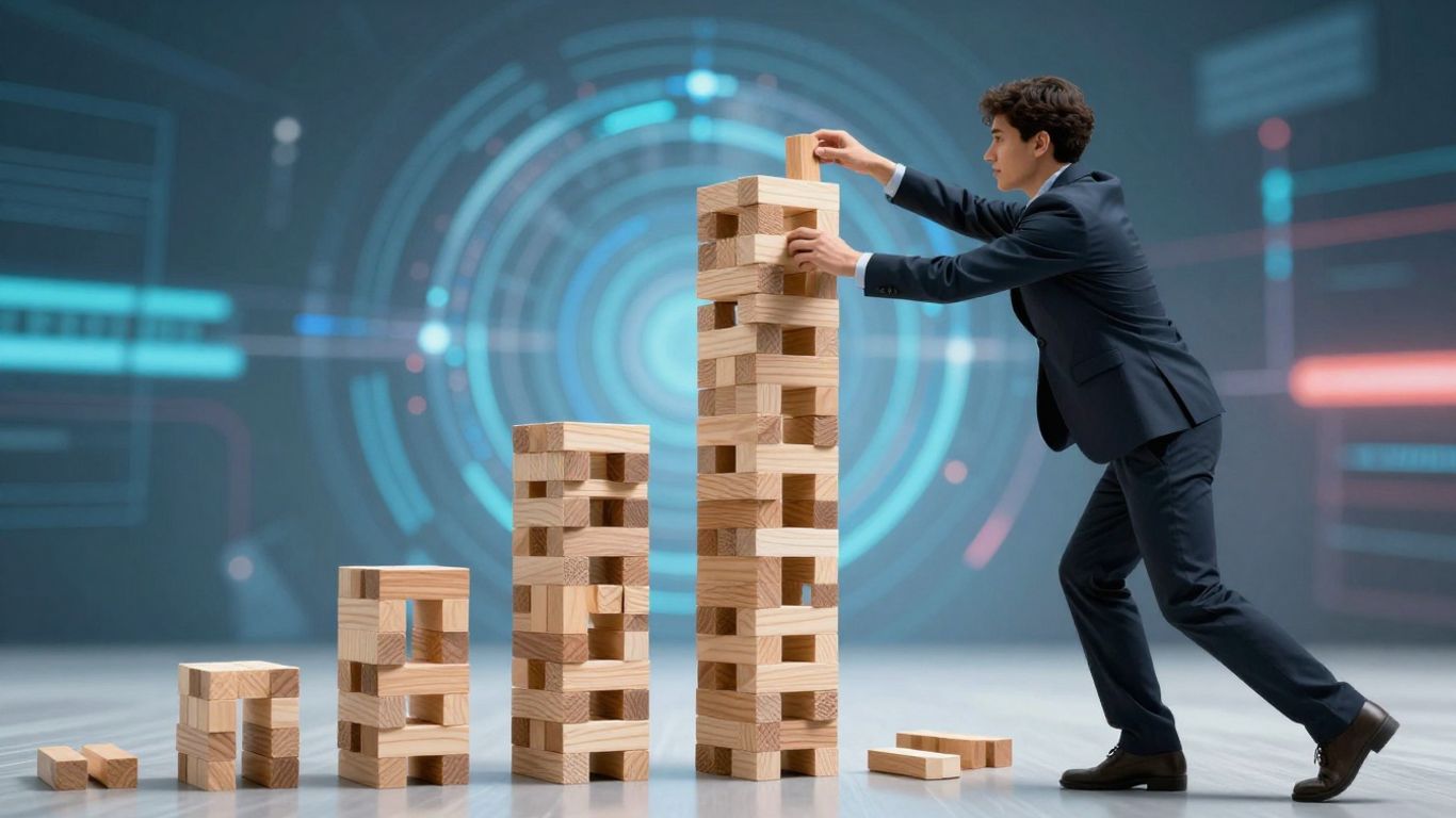Building blocks forming a growth tower with digital background.