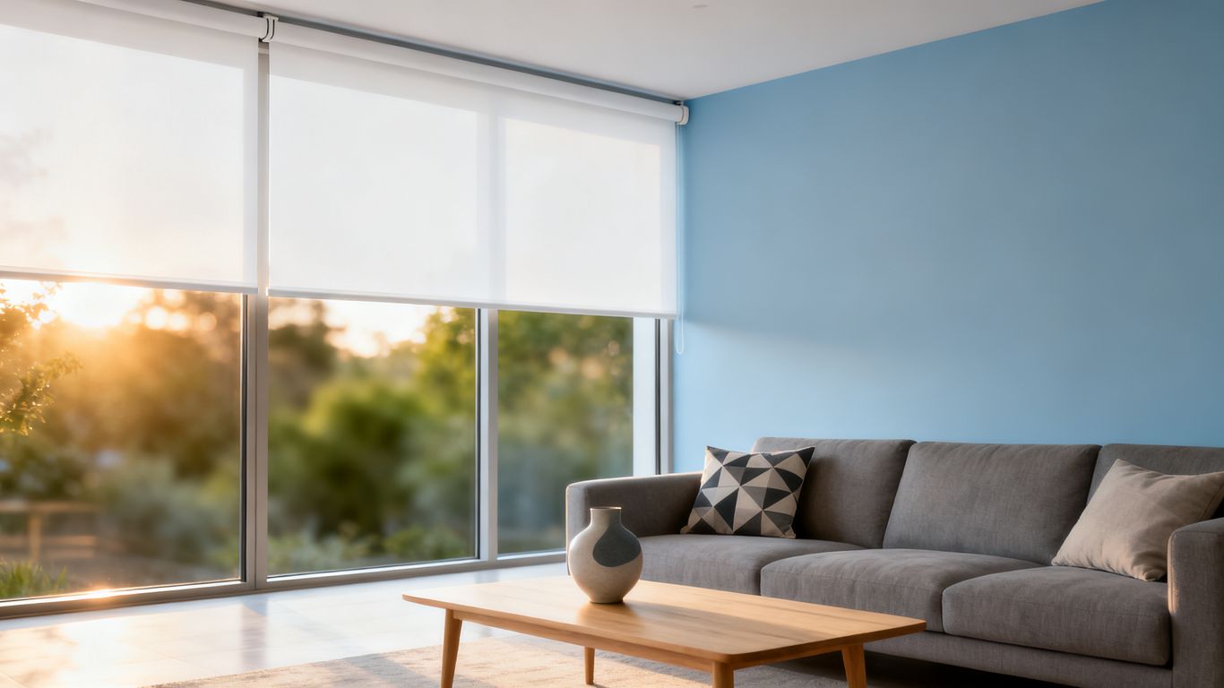 White cordless blinds in a sunlit living room window.