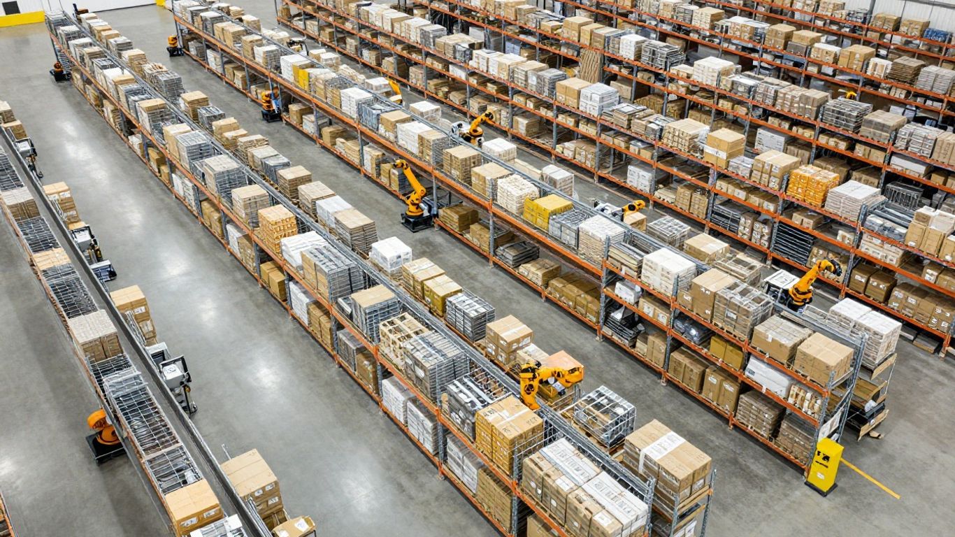 Aerial view of a sprawling automated distribution facility