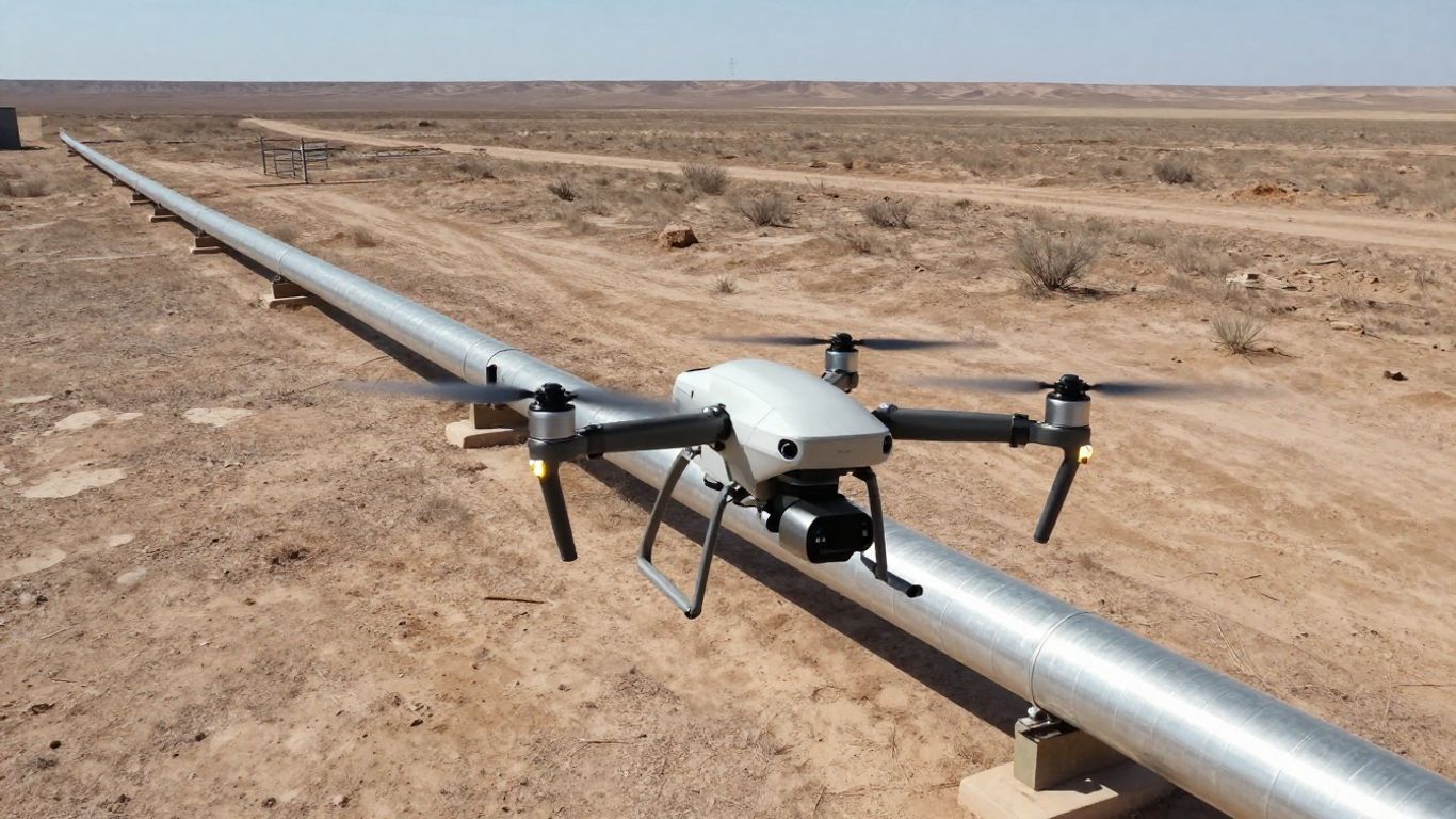 Drone inspecting industrial pipeline from above.