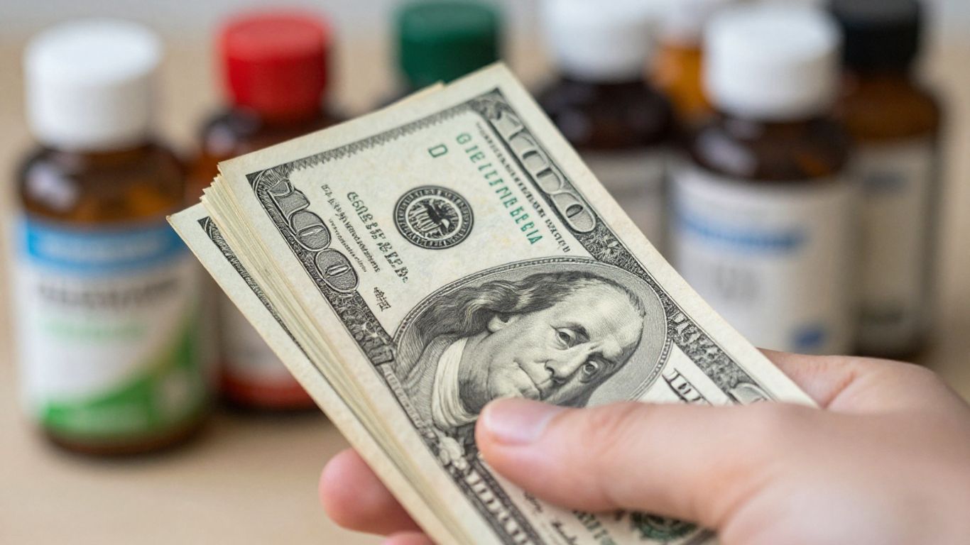 US dollars and supplement bottles