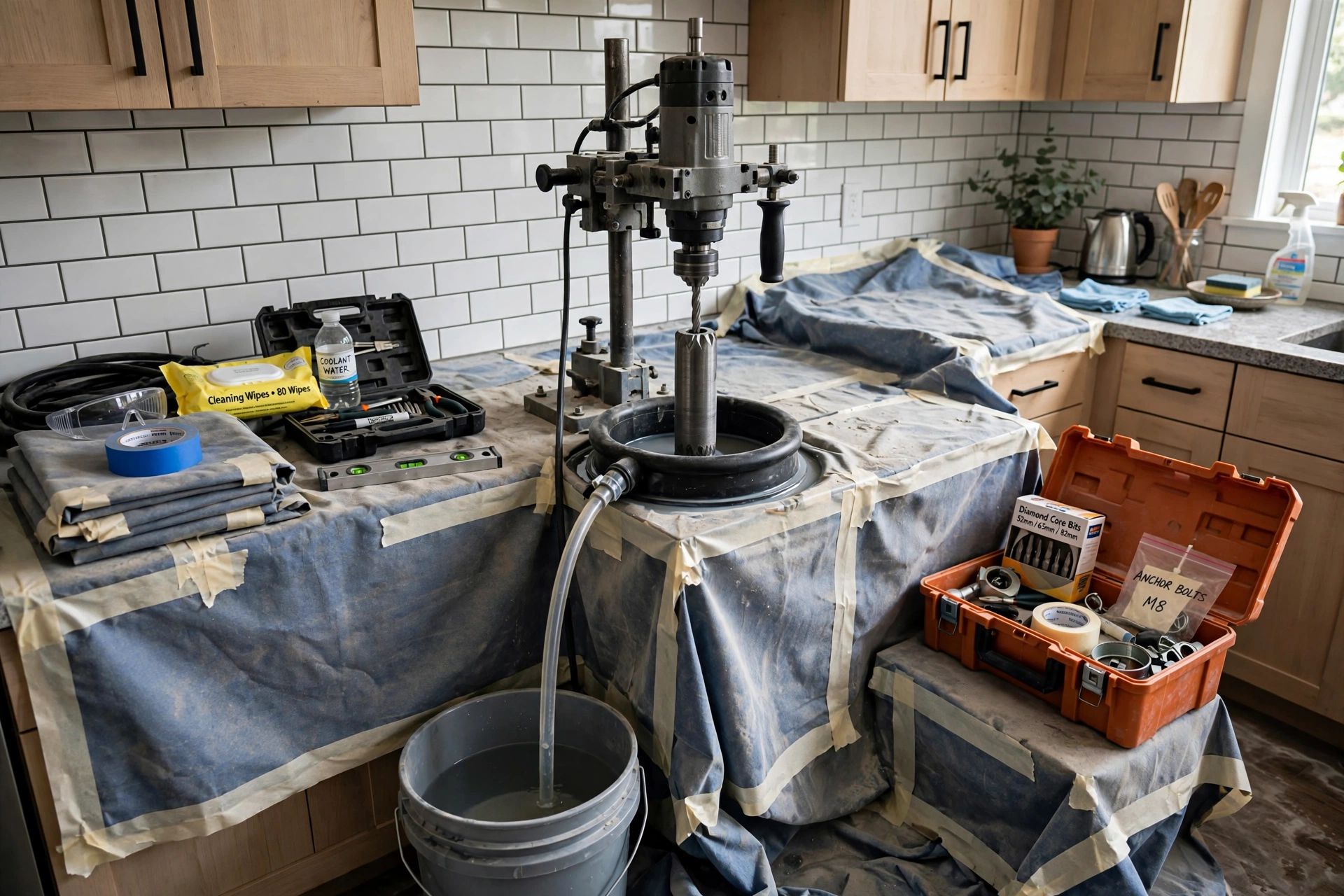 Dust sheets and a water collection ring prepared around a diamond core drill in a kitchen before drilling