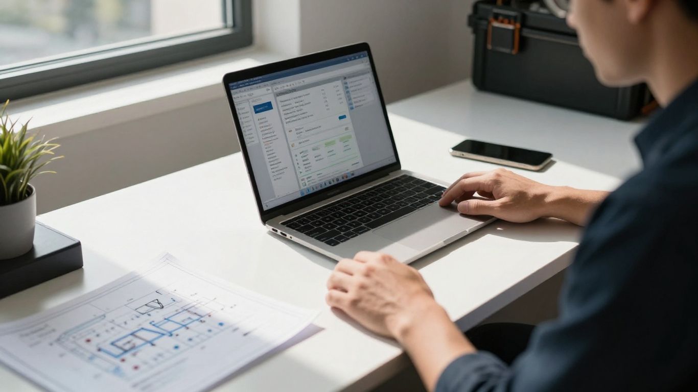mHelpDesk HVAC software on a laptop on a desk.
