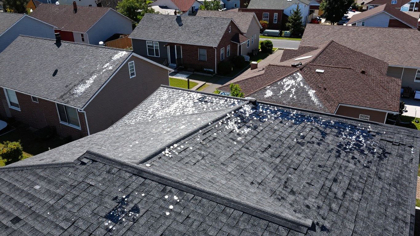 Hail damaged roofs and one undamaged roof.