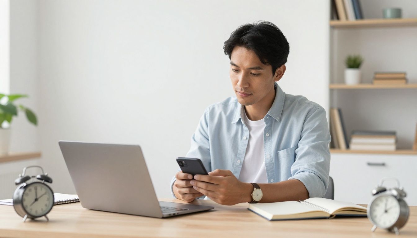 A diverse entrepreneur calmly reviewing a simple daily plan at a bright desk, with a notebook, clock, and open space suggesting realistic priorities and balance