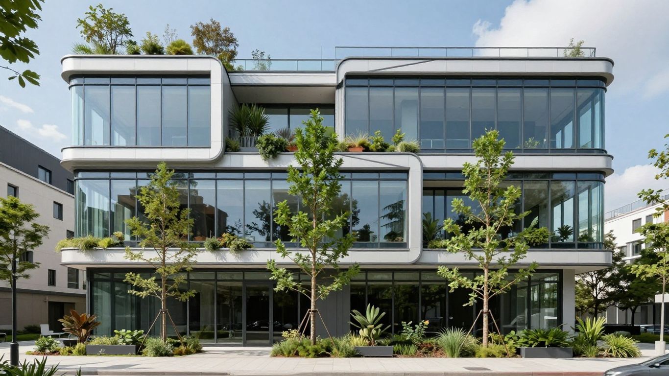 Modern building with sustainable design elements.