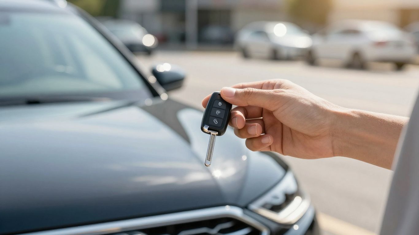 Mann mit Autoschlüssel vor einem Gebrauchtwagen