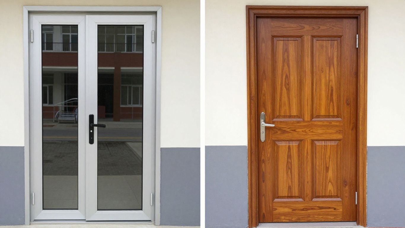 Aluminium and timber school doors side-by-side.
