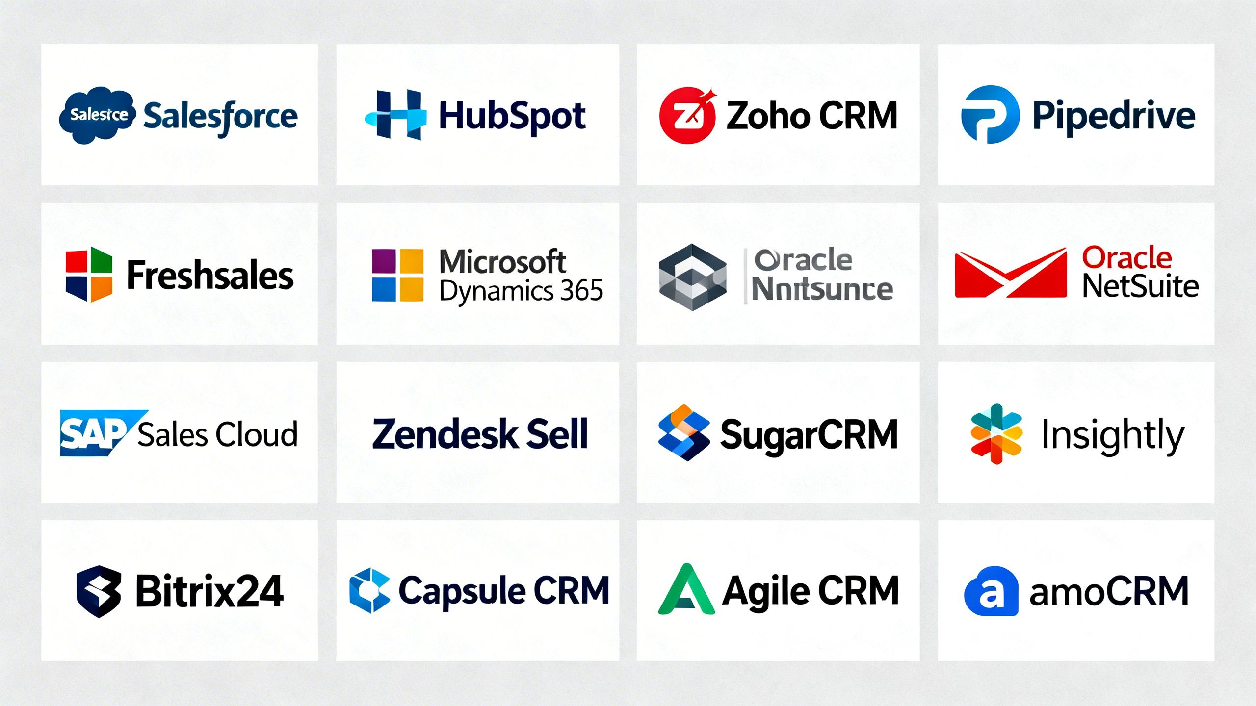 A collage of different software logos on a grid, illustrating the variety of CRM tools available on the market.