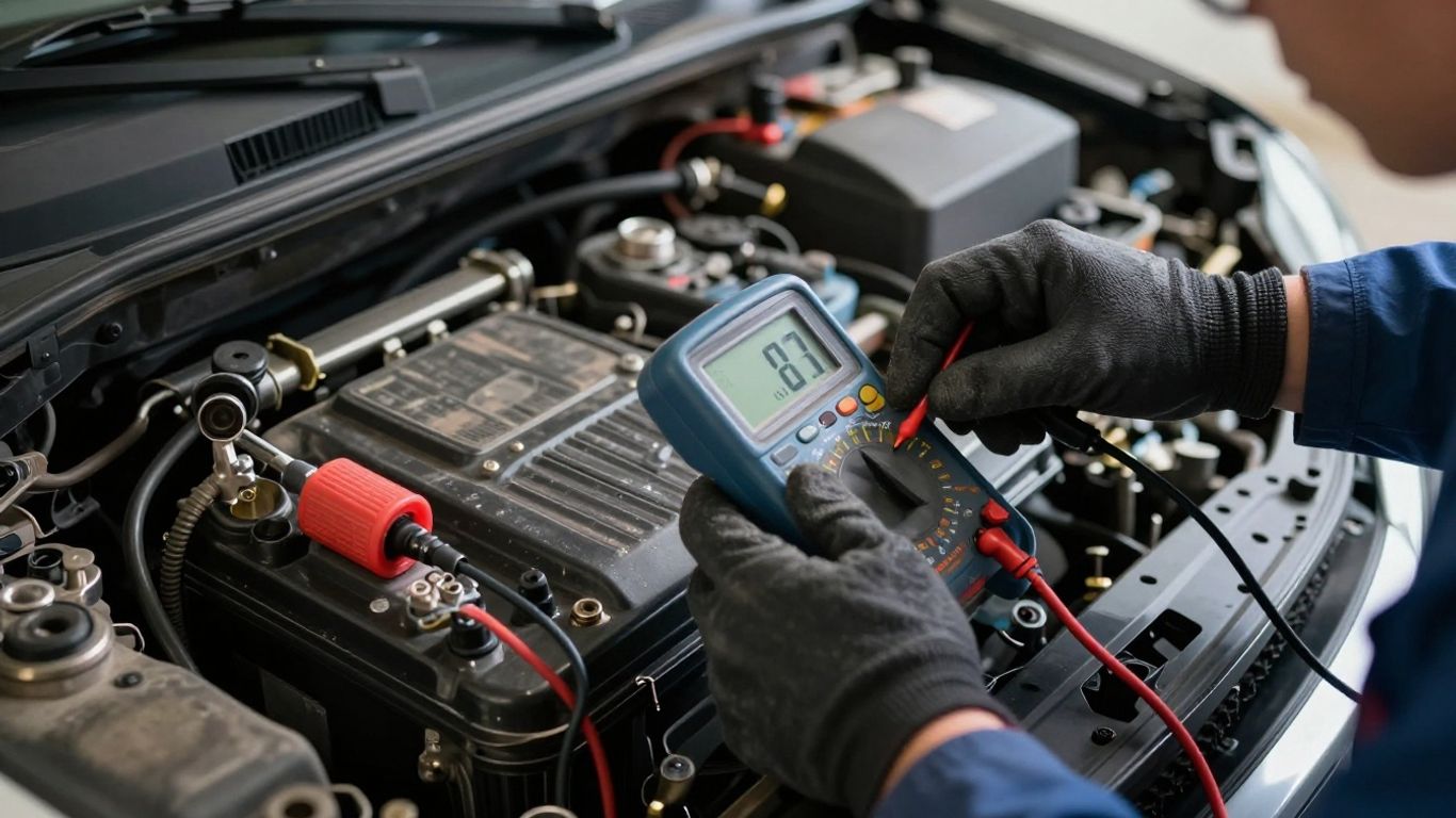 Technician measuring parked vehicle battery current