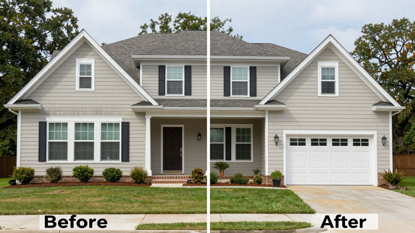 Dacula Georgia home remodel before and after exterior view.