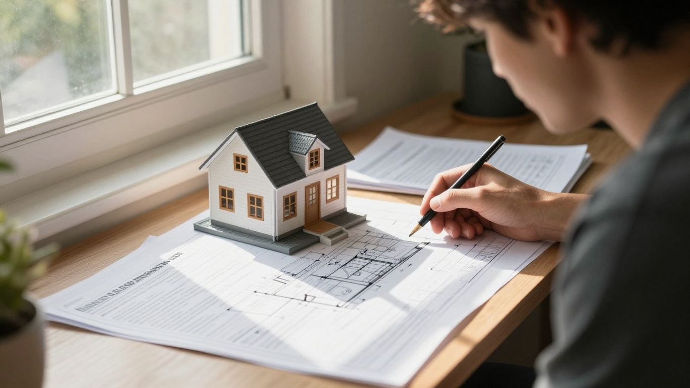 Persona revisando póliza de seguro de hogar y plano de casa.