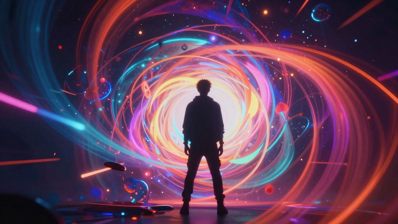 AI music video with abstract visuals and glowing lights.