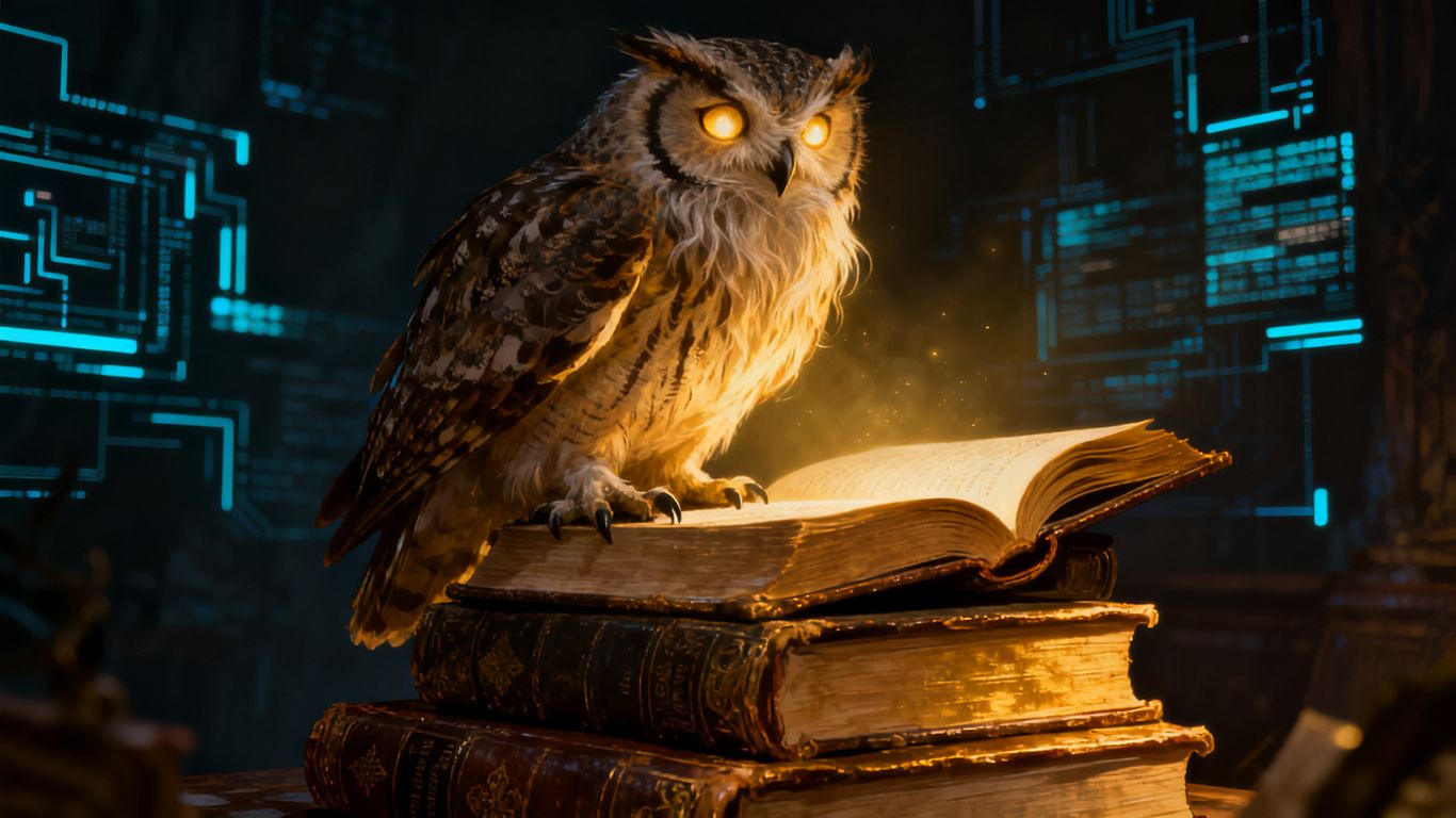 Wise owl on books, wisdom over data concept.