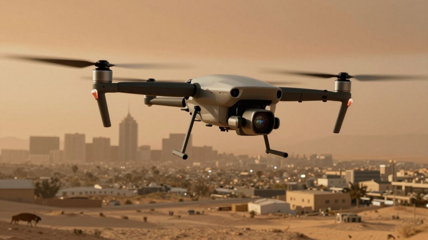 Drone flying over desert landscape with city in background.