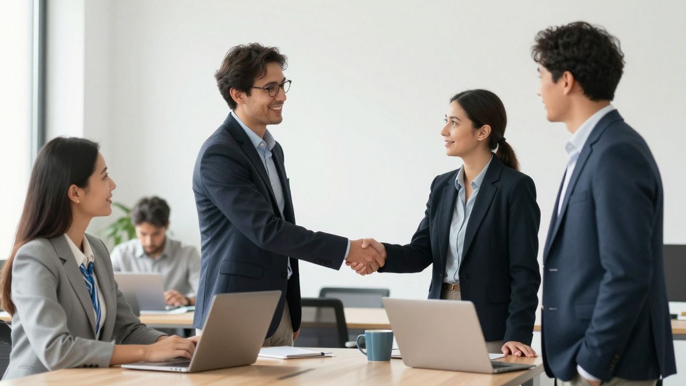 Europäische Geschäftspersonen unterhalten sich freundlich in modernem Büro.