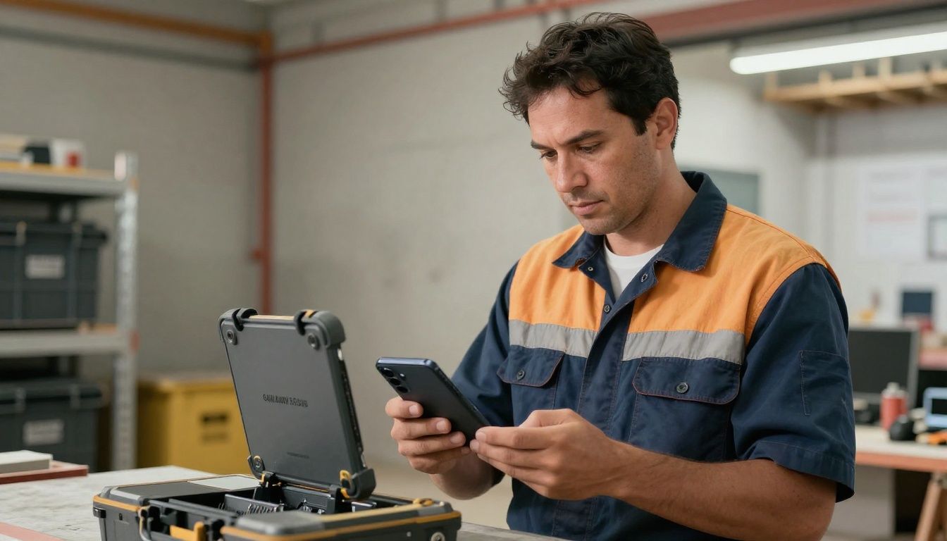 A tradie in high-vis workwear checking their Samsung Galaxy S25 Edge in a rugged case on a construction site in Australia.
