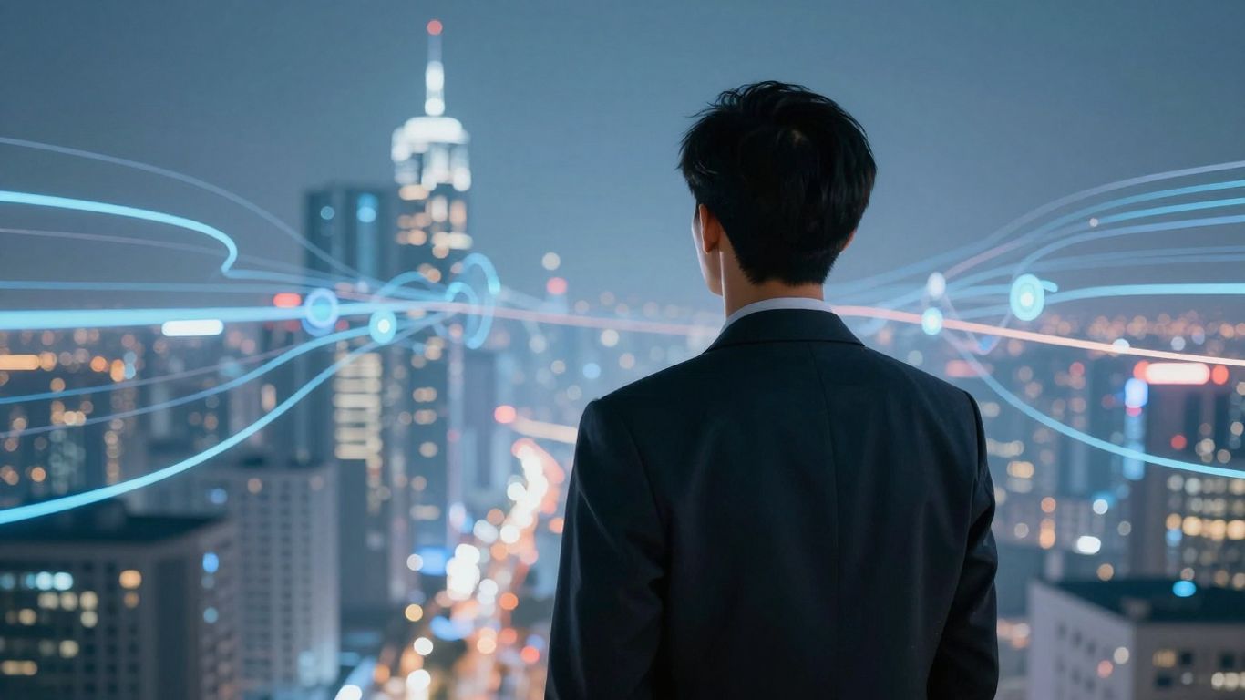 Persona mirando hacia un futuro brillante y digital.