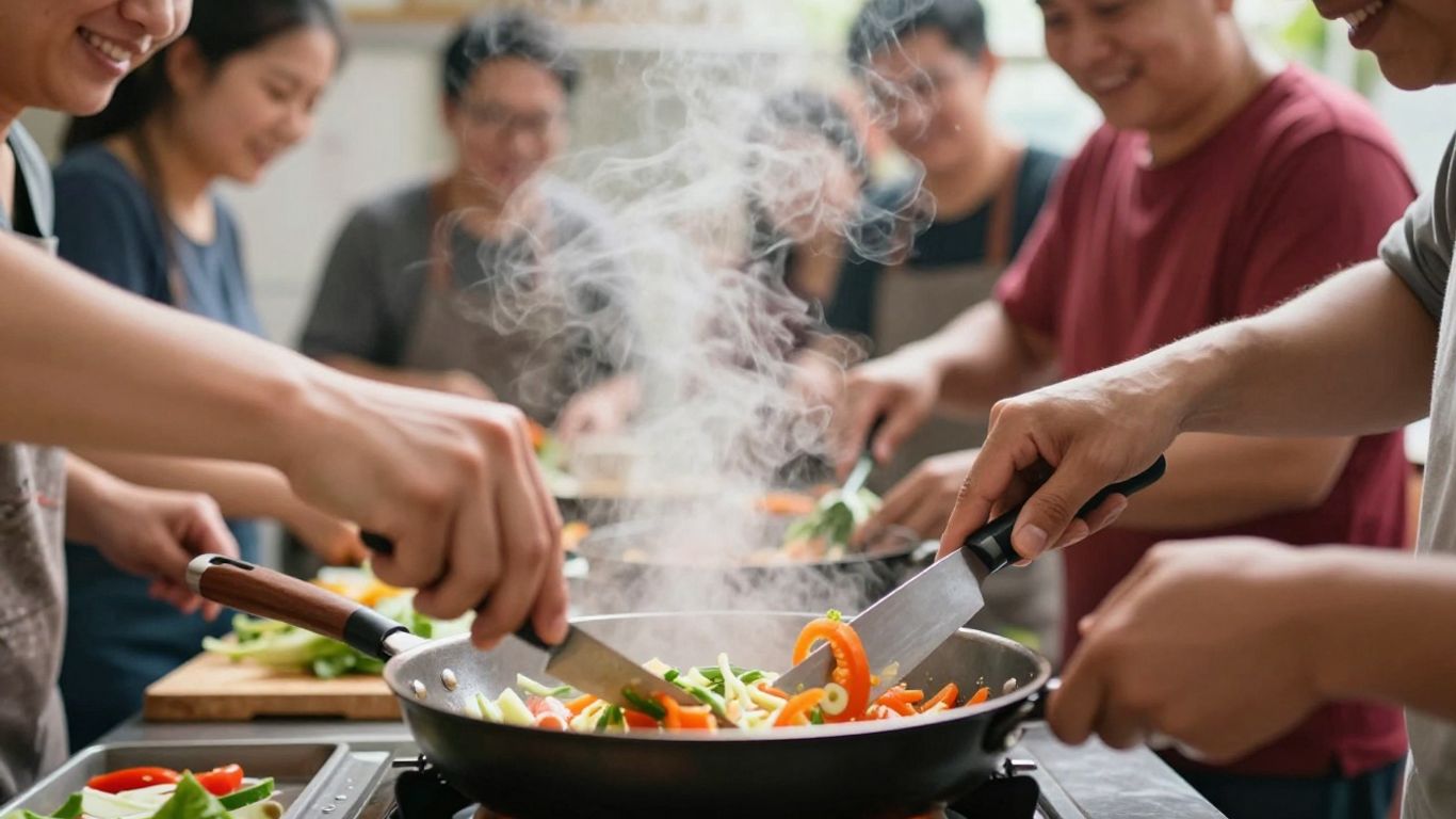 Atelier cuisine avec des participants souriants et des ingrédients frais.