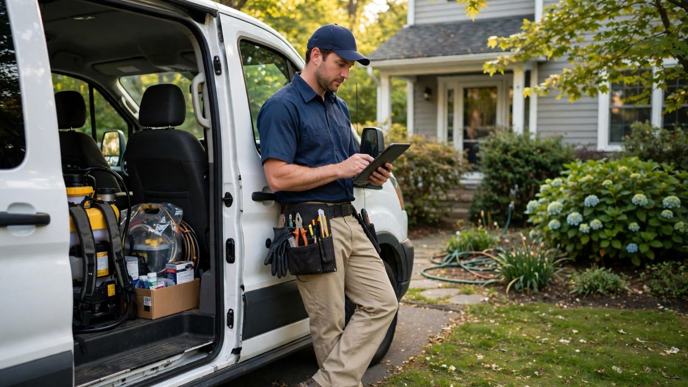 Pest control technician preparing for seasonal service
