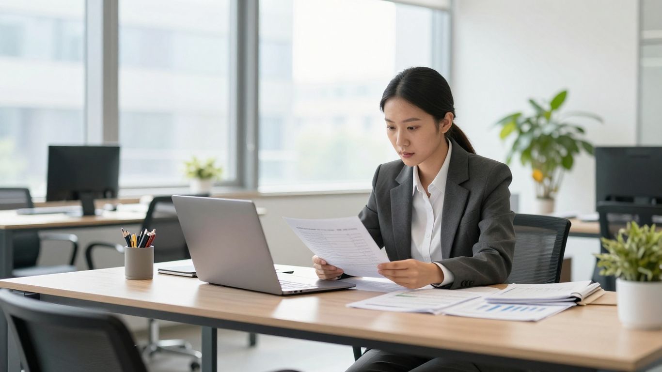 Steuerberater im Büro mit Dokumenten und Laptop