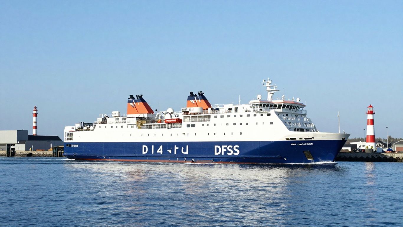 DFDS ferry approaching IJmuiden port under a clear sky.
