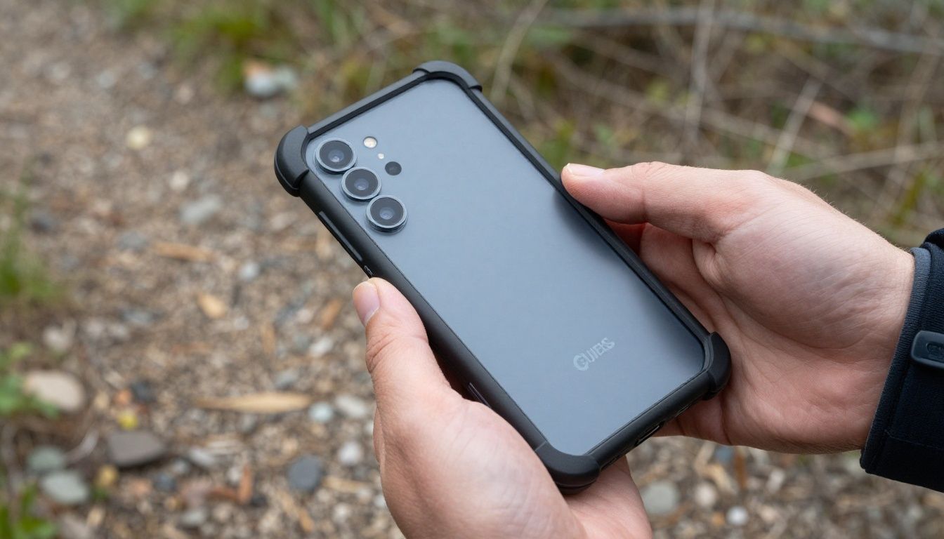 A person using their Galaxy S26 Ultra outdoors on a hiking trail, the phone is in a rugged case and looks secure.